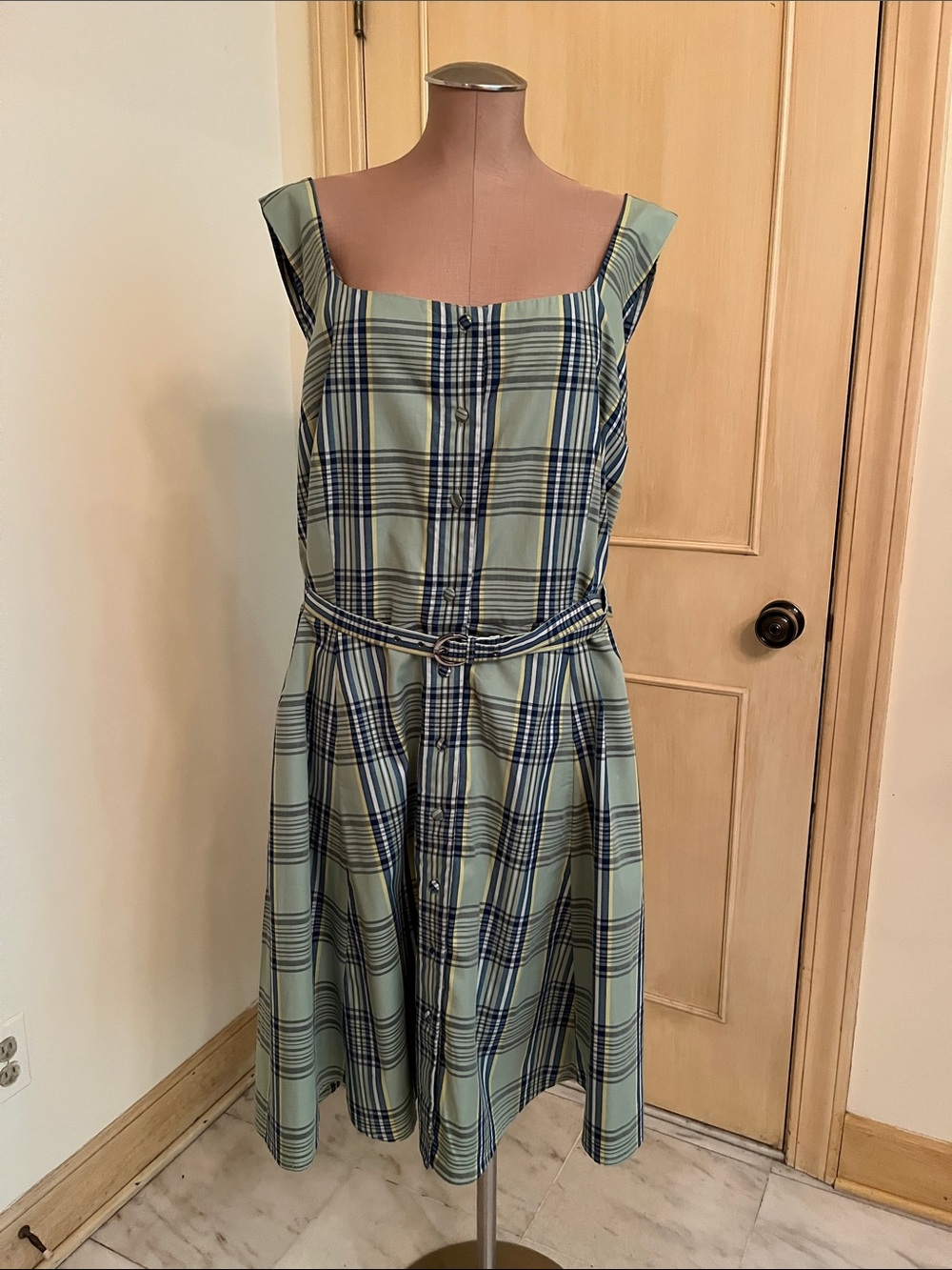 ESHAKTI Preppy Career 100% Cotton Fit/Flare Sleeveless Sage/Navy Plaid Dress 26W